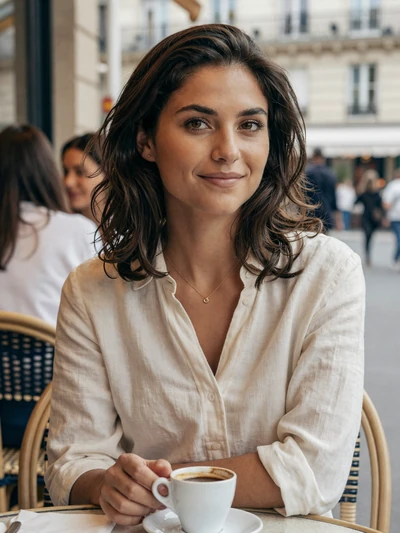 Camille, 26, an elegant French woman at a Parisian sidewalk cafe with espresso