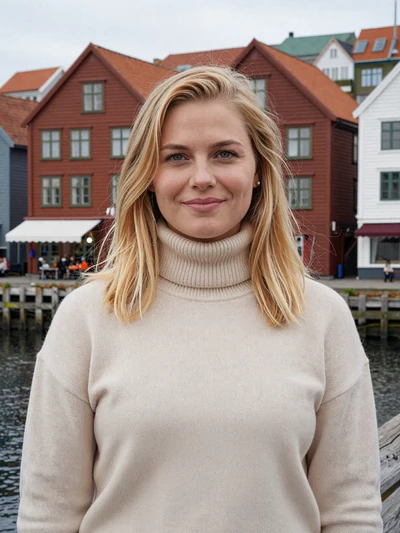 Astrid, 26, a friendly Norwegian woman at Bryggen wharf in Bergen