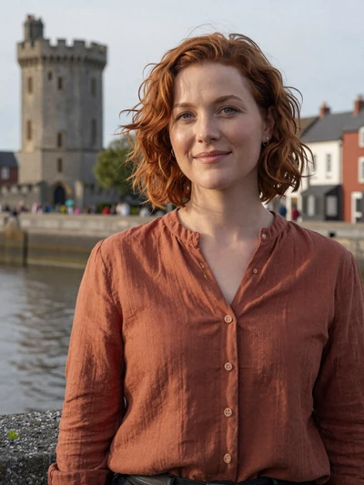 Róisín, 33, an Irish woman with copper-red hair at Waterford Quays