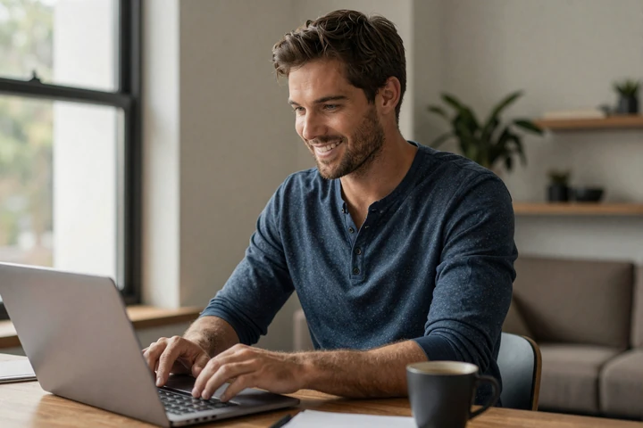 American man in his 30s typing a first message on a European dating site from his apartment