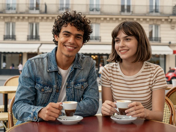Dylan from New York and Camille from Paris at a Parisian cafe terrace