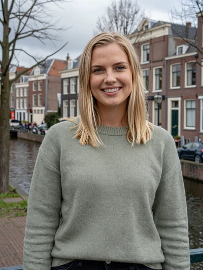 Annemieke, 31, a Dutch woman with blonde hair near a tree-lined canal in The Hague