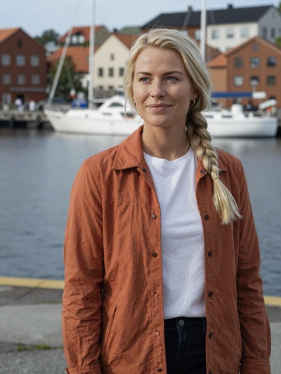 Astrid, 31, Swedish woman with blonde braid smiling at Gothenburg harbor waterfront