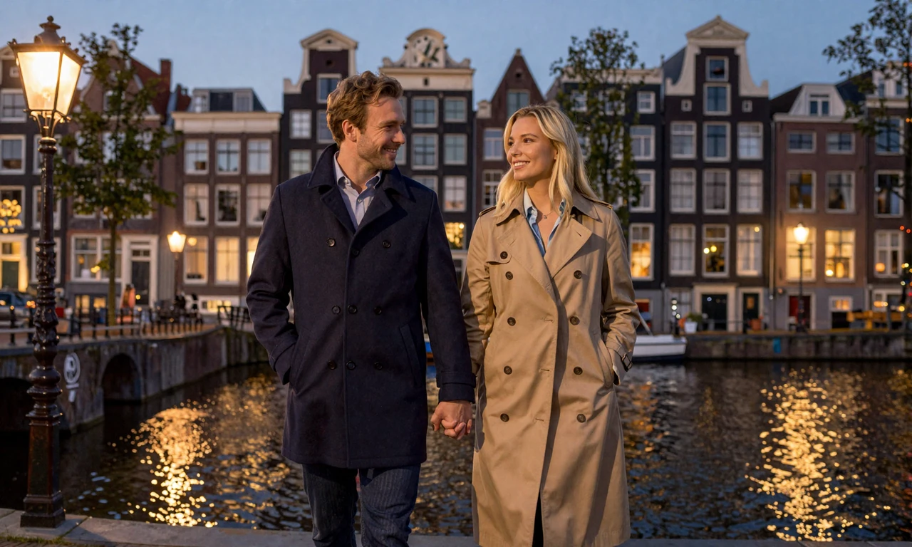 Couple walking hand in hand along an Amsterdam canal with historic houses and warm street lamps at golden hour