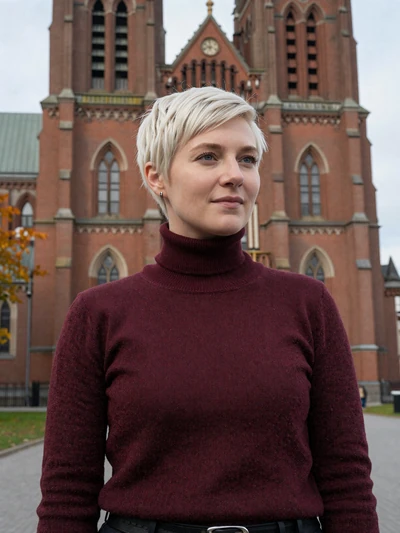 Saga, 29, a platinum-blonde Swedish woman near Uppsala Cathedral in autumn