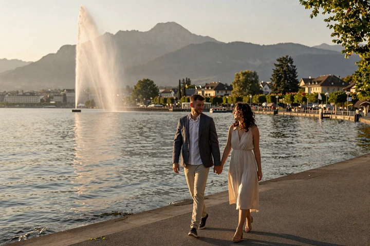 Couple walking along Lake Geneva promenade at golden hour with Alps and Jet d'Eau fountain in background