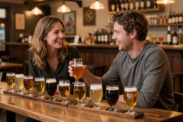 Couple sharing a Belgian craft beer tasting at a traditional bar in Brussels