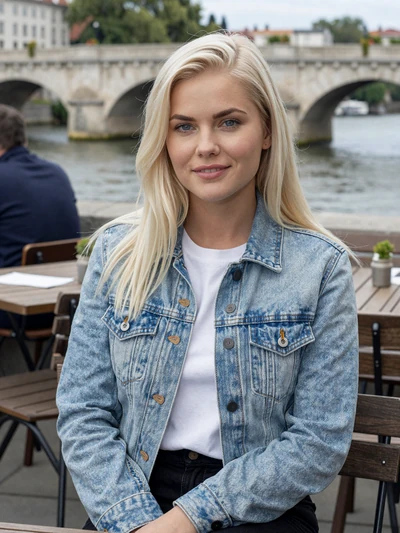 Jana, 27, a blonde Luxembourg woman at a riverside cafe in Diekirch