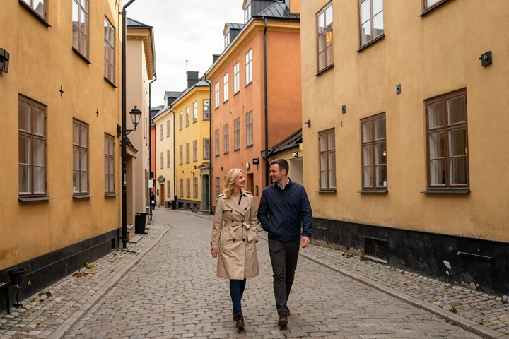 Couple walking through Stockholm Gamla Stan old town cobblestone streets with colorful medieval buildings