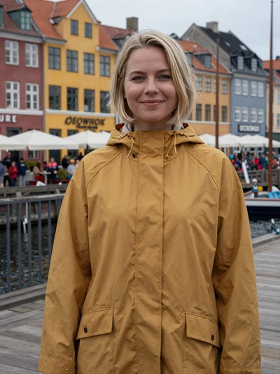 Maren, 28, a Danish woman near the colorful Nyhavn houses in Copenhagen