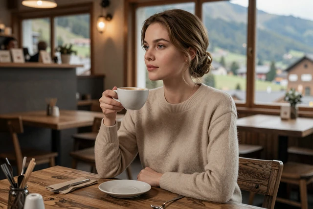 Elegant Liechtenstein woman enjoying coffee at a cozy Alpine cafe in Vaduz with mountain views through the window