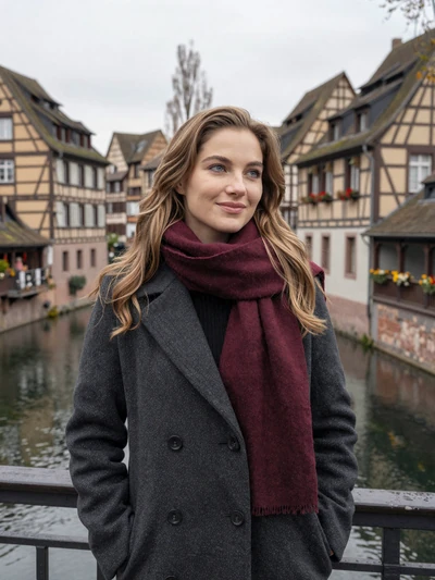 Juliette, 28, a French woman in a wool coat on a charming Strasbourg bridge