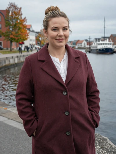 Alma, 32, a dark blonde Danish woman by the Aalborg waterfront overlooking the Limfjord