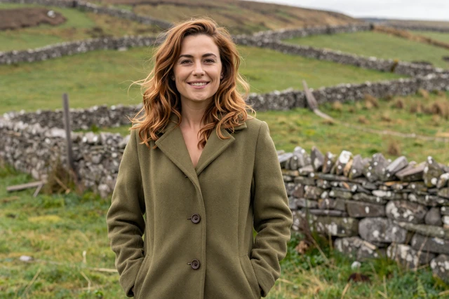 Irish woman smiling confidently in the Irish countryside with green rolling hills and stone walls