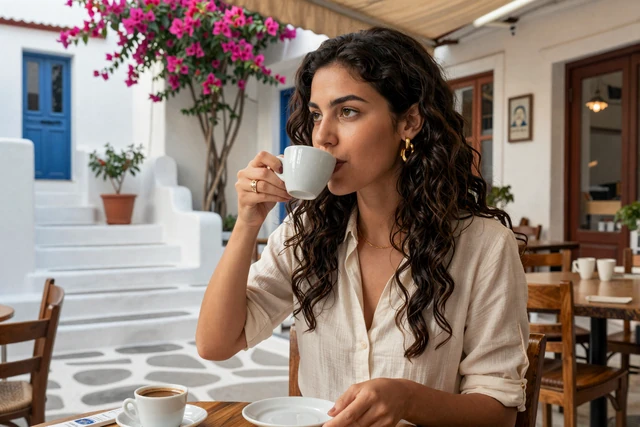 Greek woman enjoying traditional coffee at an Athens Plaka neighborhood cafe with bougainvillea