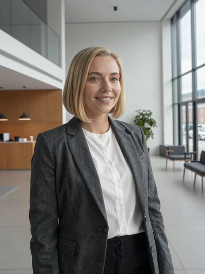 Kaisa, 33, a professional Finnish woman with sandy blonde bob in Espoo tech district