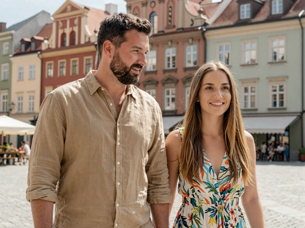 Thomas from Chicago and Alexandra exploring a European old town together