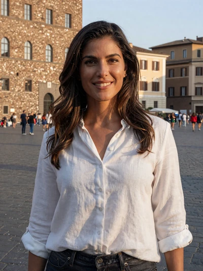 Francesca, 30, Italian woman smiling warmly in a sunlit Roman piazza