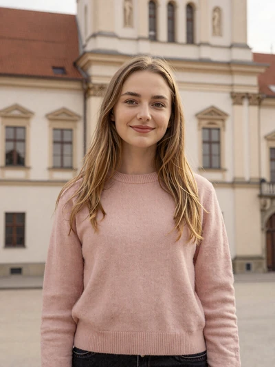 Ruta, 25, Lithuanian woman smiling warmly in Vilnius old town with baroque architecture