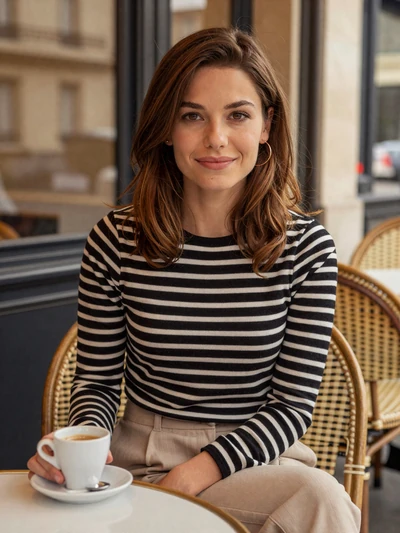 Margaux, 27, French woman with chestnut hair sitting elegantly at a Lyon bistro