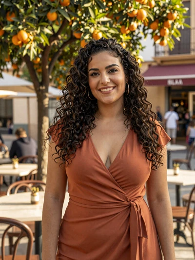 Carmen, 31, Spanish woman with dark curly hair smiling at a Valencia outdoor cafe