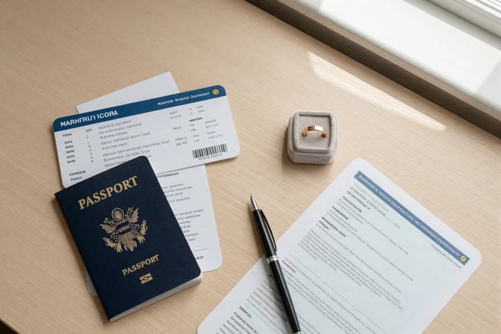 Travel documents and engagement ring on a desk representing K-1 visa preparation for a European fiancée