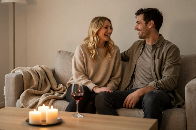 Couple enjoying a hygge evening on a cozy sofa with candles and wine in a Scandinavian living room