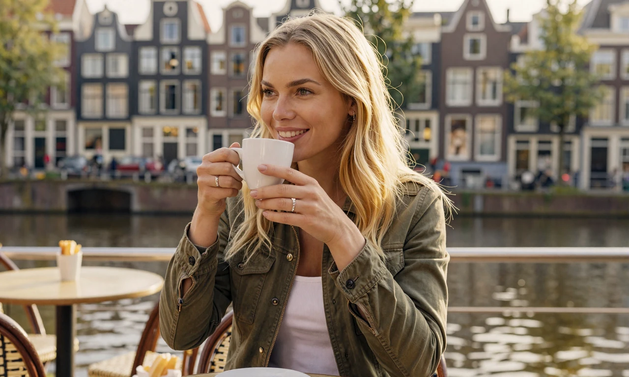 Smiling Dutch woman enjoying coffee at an Amsterdam canal-side terrace during golden hour